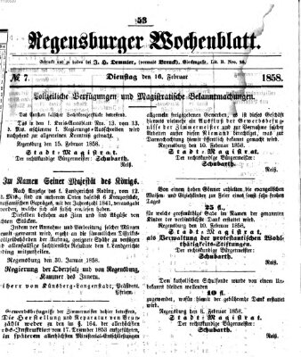Regensburger Wochenblatt Dienstag 16. Februar 1858