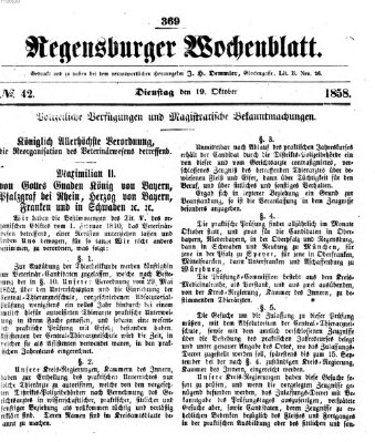Regensburger Wochenblatt Dienstag 19. Oktober 1858