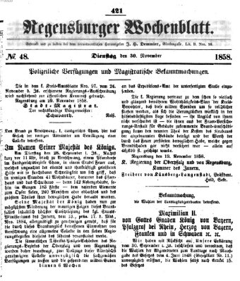 Regensburger Wochenblatt Dienstag 30. November 1858