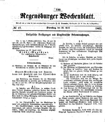 Regensburger Wochenblatt Dienstag 28. April 1863