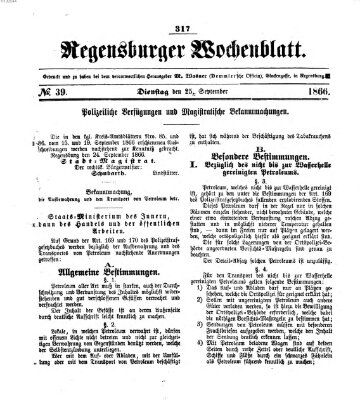 Regensburger Wochenblatt Dienstag 25. September 1866