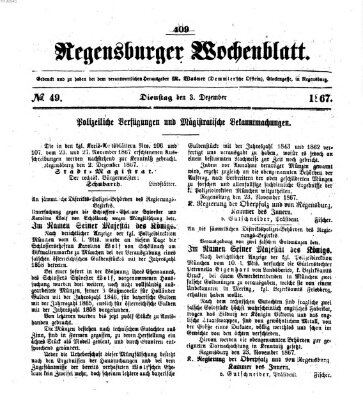 Regensburger Wochenblatt Dienstag 3. Dezember 1867