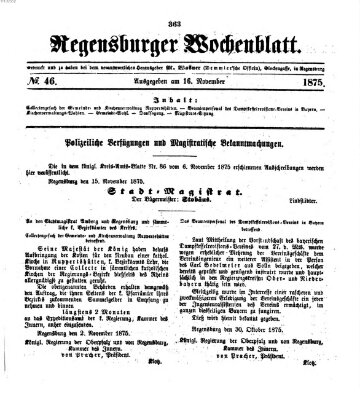 Regensburger Wochenblatt Dienstag 16. November 1875