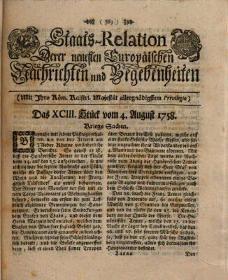 Staats-Relation der neuesten europäischen Nachrichten und Begebenheiten Freitag 4. August 1758