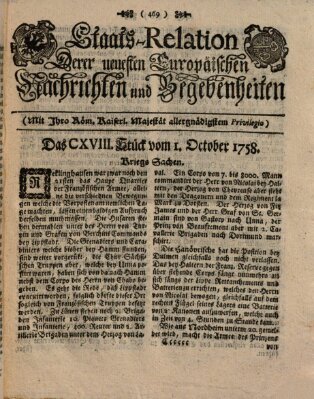 Staats-Relation der neuesten europäischen Nachrichten und Begebenheiten Sonntag 1. Oktober 1758