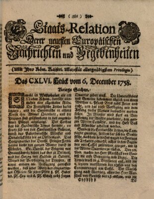 Staats-Relation der neuesten europäischen Nachrichten und Begebenheiten Mittwoch 6. Dezember 1758