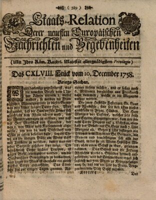 Staats-Relation der neuesten europäischen Nachrichten und Begebenheiten Sonntag 10. Dezember 1758