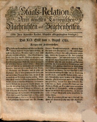 Staats-Relation der neuesten europäischen Nachrichten und Begebenheiten Mittwoch 1. August 1781