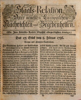 Staats-Relation der neuesten europäischen Nachrichten und Begebenheiten Mittwoch 8. Februar 1786