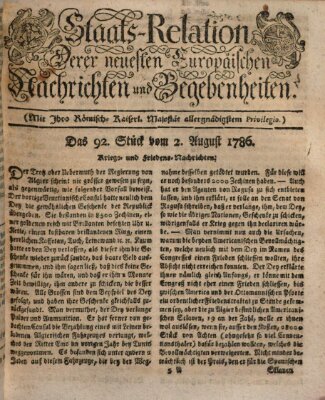 Staats-Relation der neuesten europäischen Nachrichten und Begebenheiten Mittwoch 2. August 1786