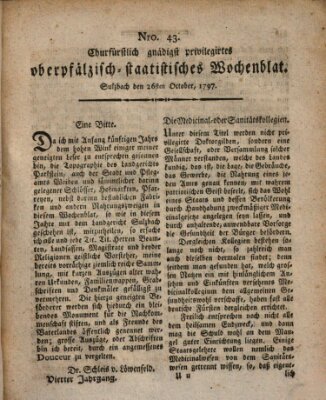 Churfürstlich gnädigst privilegirtes oberpfälzisch-staatistisches Wochenblat (Oberpfälzisches Wochenblat) Donnerstag 26. Oktober 1797