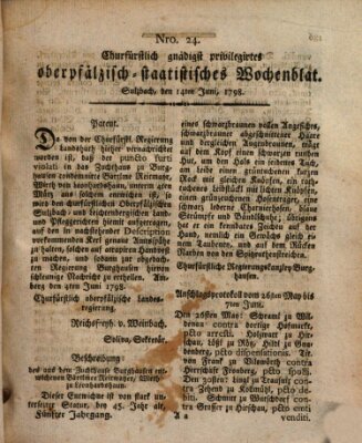 Churfürstlich gnädigst privilegirtes oberpfälzisch-staatistisches Wochenblat (Oberpfälzisches Wochenblat) Donnerstag 14. Juni 1798