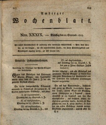 Amberger Wochenblatt (Oberpfälzisches Wochenblat) Dienstag 22. September 1818