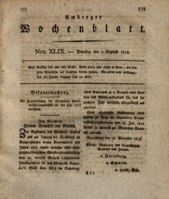 Amberger Wochenblatt (Oberpfälzisches Wochenblat) Dienstag 1. Dezember 1818