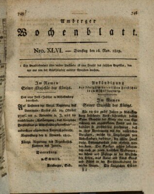 Amberger Wochenblatt (Oberpfälzisches Wochenblat) Dienstag 16. November 1819