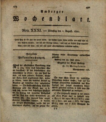 Amberger Wochenblatt (Oberpfälzisches Wochenblat) Dienstag 1. August 1820