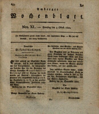Amberger Wochenblatt (Oberpfälzisches Wochenblat) Dienstag 3. Oktober 1820