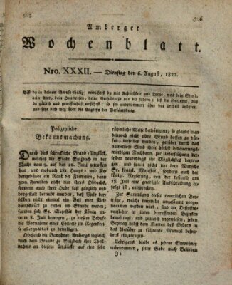 Amberger Wochenblatt (Oberpfälzisches Wochenblat) Dienstag 6. August 1822