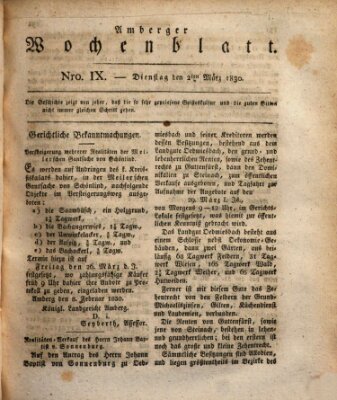 Amberger Wochenblatt (Oberpfälzisches Wochenblat) Dienstag 2. März 1830