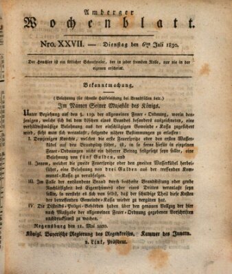 Amberger Wochenblatt (Oberpfälzisches Wochenblat) Dienstag 6. Juli 1830