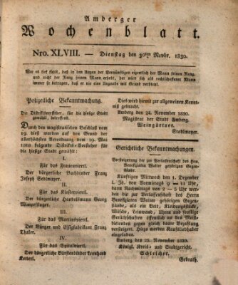 Amberger Wochenblatt (Oberpfälzisches Wochenblat) Dienstag 30. November 1830