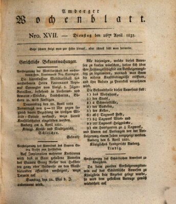 Amberger Wochenblatt (Oberpfälzisches Wochenblat) Dienstag 26. April 1831
