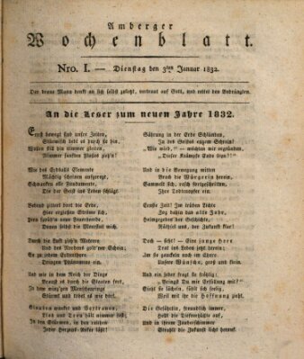 Amberger Wochenblatt (Oberpfälzisches Wochenblat) Dienstag 3. Januar 1832