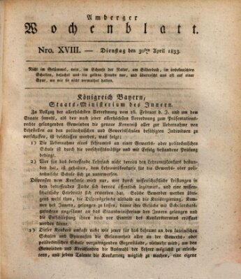 Amberger Wochenblatt (Oberpfälzisches Wochenblat) Dienstag 30. April 1833