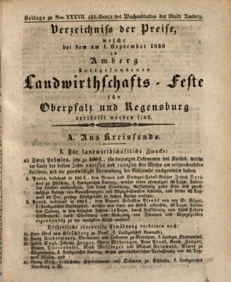 Wochenblatt der Stadt Amberg im Oberpfälzisch-Regensburgischen Kreise (Oberpfälzisches Wochenblat) Mittwoch 11. September 1839