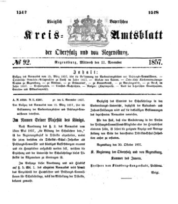 Königlich-bayerisches Kreis-Amtsblatt der Oberpfalz und von Regensburg (Königlich bayerisches Intelligenzblatt für die Oberpfalz und von Regensburg) Mittwoch 11. November 1857