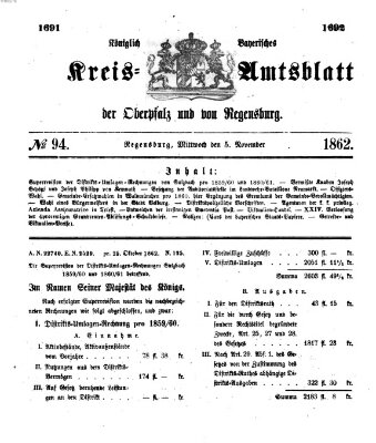 Königlich-bayerisches Kreis-Amtsblatt der Oberpfalz und von Regensburg (Königlich bayerisches Intelligenzblatt für die Oberpfalz und von Regensburg) Mittwoch 5. November 1862