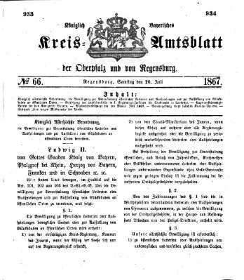 Königlich-bayerisches Kreis-Amtsblatt der Oberpfalz und von Regensburg (Königlich bayerisches Intelligenzblatt für die Oberpfalz und von Regensburg) Samstag 20. Juli 1867