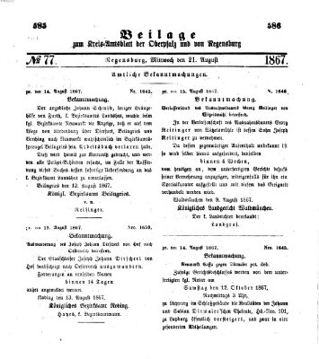 Königlich-bayerisches Kreis-Amtsblatt der Oberpfalz und von Regensburg (Königlich bayerisches Intelligenzblatt für die Oberpfalz und von Regensburg) Mittwoch 21. August 1867