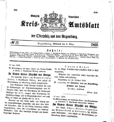 Königlich-bayerisches Kreis-Amtsblatt der Oberpfalz und von Regensburg (Königlich bayerisches Intelligenzblatt für die Oberpfalz und von Regensburg) Mittwoch 3. März 1869