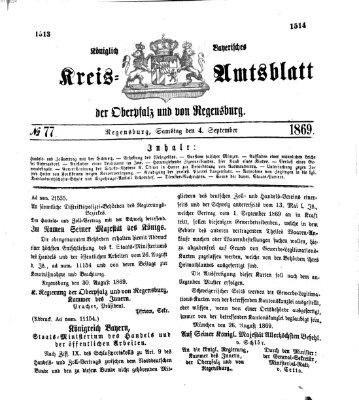 Königlich-bayerisches Kreis-Amtsblatt der Oberpfalz und von Regensburg (Königlich bayerisches Intelligenzblatt für die Oberpfalz und von Regensburg) Samstag 4. September 1869