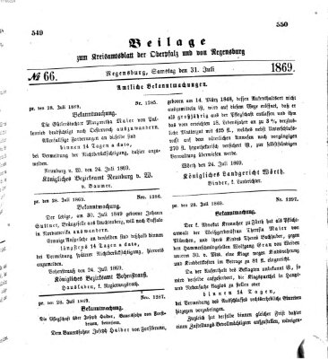 Königlich-bayerisches Kreis-Amtsblatt der Oberpfalz und von Regensburg (Königlich bayerisches Intelligenzblatt für die Oberpfalz und von Regensburg) Samstag 31. Juli 1869