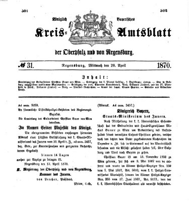 Königlich-bayerisches Kreis-Amtsblatt der Oberpfalz und von Regensburg (Königlich bayerisches Intelligenzblatt für die Oberpfalz und von Regensburg) Mittwoch 20. April 1870