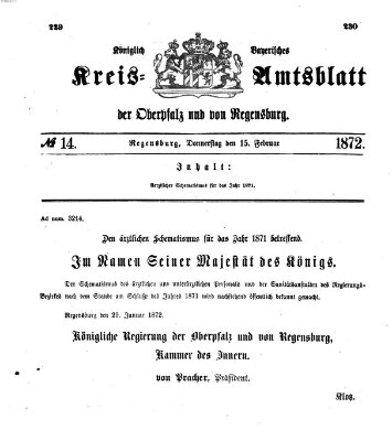 Königlich-bayerisches Kreis-Amtsblatt der Oberpfalz und von Regensburg (Königlich bayerisches Intelligenzblatt für die Oberpfalz und von Regensburg) Donnerstag 15. Februar 1872
