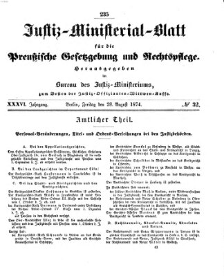 Justiz-Ministerialblatt für die preußische Gesetzgebung und Rechtspflege Freitag 28. August 1874