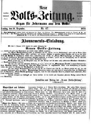 Neue Volks-Zeitung Samstag 19. Dezember 1874