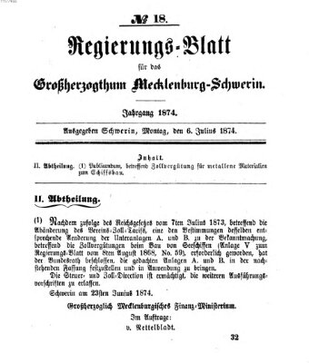 Regierungsblatt für Mecklenburg-Schwerin (Großherzoglich-Mecklenburg-Schwerinsches officielles Wochenblatt) Montag 6. Juli 1874
