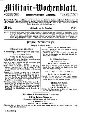 Militär-Wochenblatt Mittwoch 2. Dezember 1874