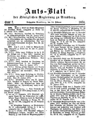 Amtsblatt für den Regierungsbezirk Arnsberg Samstag 14. Februar 1874