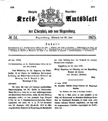 Königlich-bayerisches Kreis-Amtsblatt der Oberpfalz und von Regensburg (Königlich bayerisches Intelligenzblatt für die Oberpfalz und von Regensburg) Mittwoch 30. Juni 1875