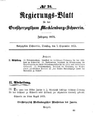 Regierungsblatt für Mecklenburg-Schwerin (Großherzoglich-Mecklenburg-Schwerinsches officielles Wochenblatt) Dienstag 7. September 1875