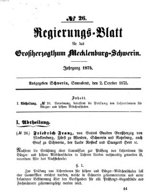 Regierungsblatt für Mecklenburg-Schwerin (Großherzoglich-Mecklenburg-Schwerinsches officielles Wochenblatt) Samstag 2. Oktober 1875