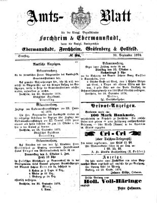 Amtsblatt für die Königlichen Bezirksämter Forchheim und Ebermannstadt sowie für die Königliche Stadt Forchheim Samstag 30. September 1876