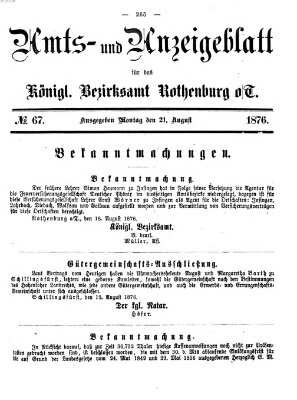 Amts- und Anzeigenblatt für das Königliche Bezirksamt Rothenburg o.T. (Amts- und Anzeigenblatt für die Stadt und das Königl. Bezirksamt Rothenburg) Montag 21. August 1876