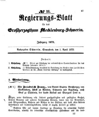 Regierungsblatt für Mecklenburg-Schwerin (Großherzoglich-Mecklenburg-Schwerinsches officielles Wochenblatt) Samstag 1. April 1876