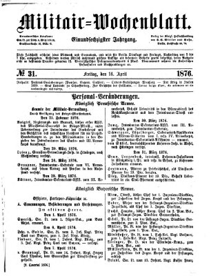 Militär-Wochenblatt Freitag 14. April 1876